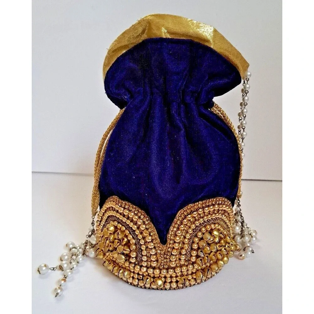 Royal Blue Velvet Potli Bag Gold Beadwork Pearl Handle Ethnic Wedding Clutch